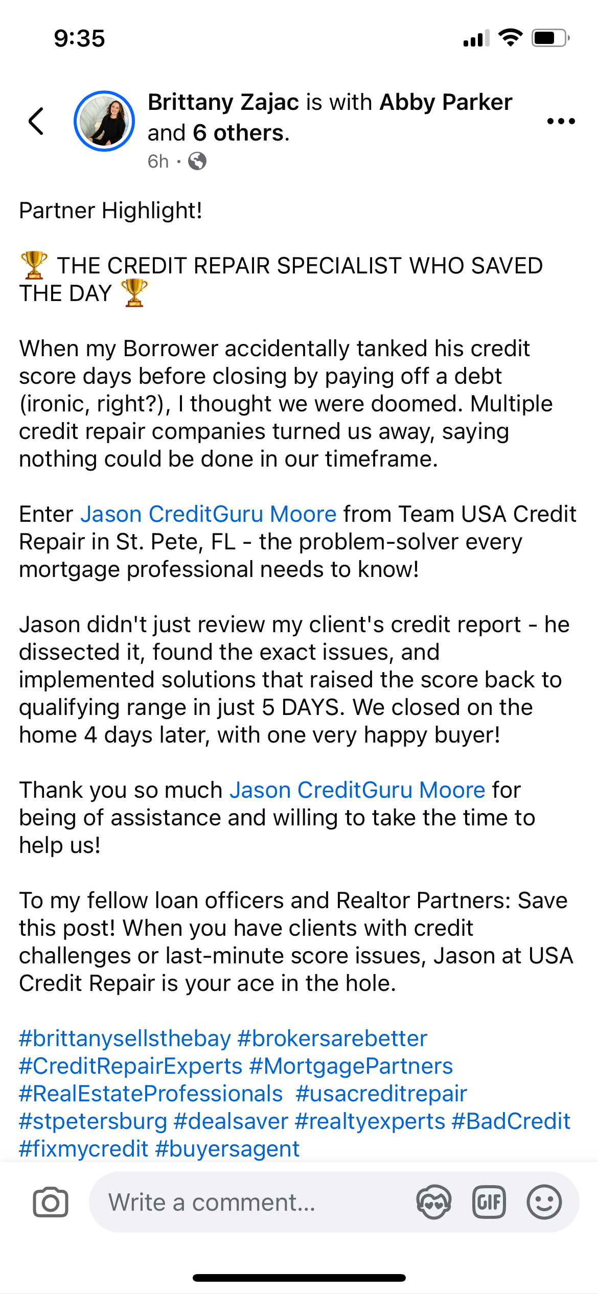 Brittany Zajac Facebook post about Team USA Credit Repair